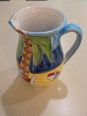 La Musa Hand-Painted Ceramic Tropical Pitcher in Blue, Yellow & Green(ITALY)